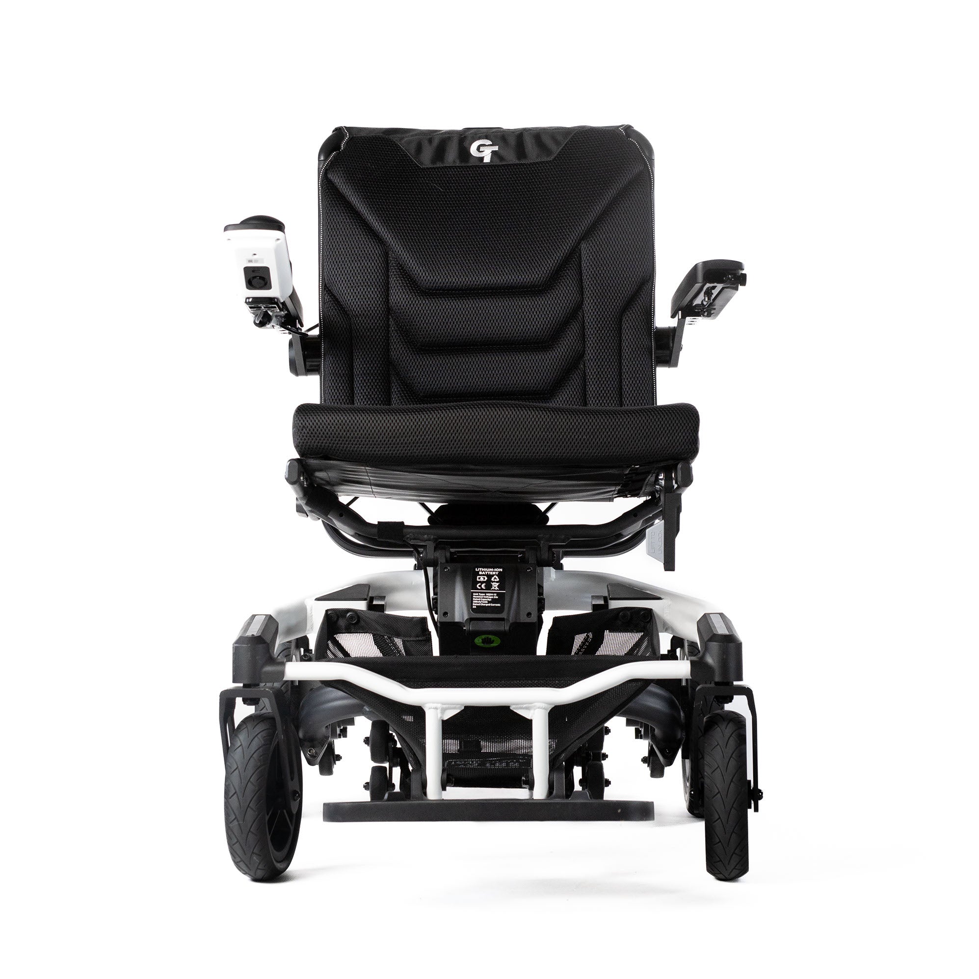 White Travel Buggy Grand Tourer GT power wheelchair, straight front view on a white background